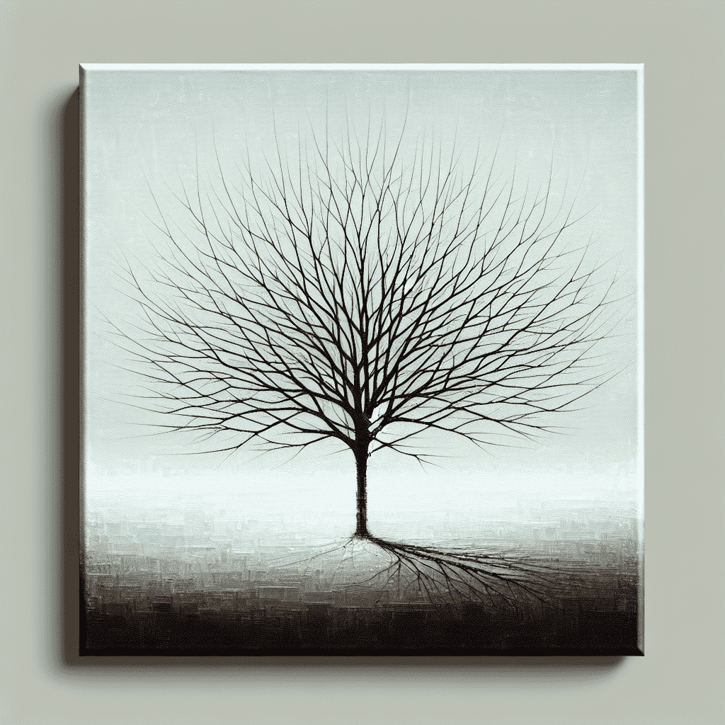 A monochrome painting of a tree with bare branches against a textured background, displayed on a wall.