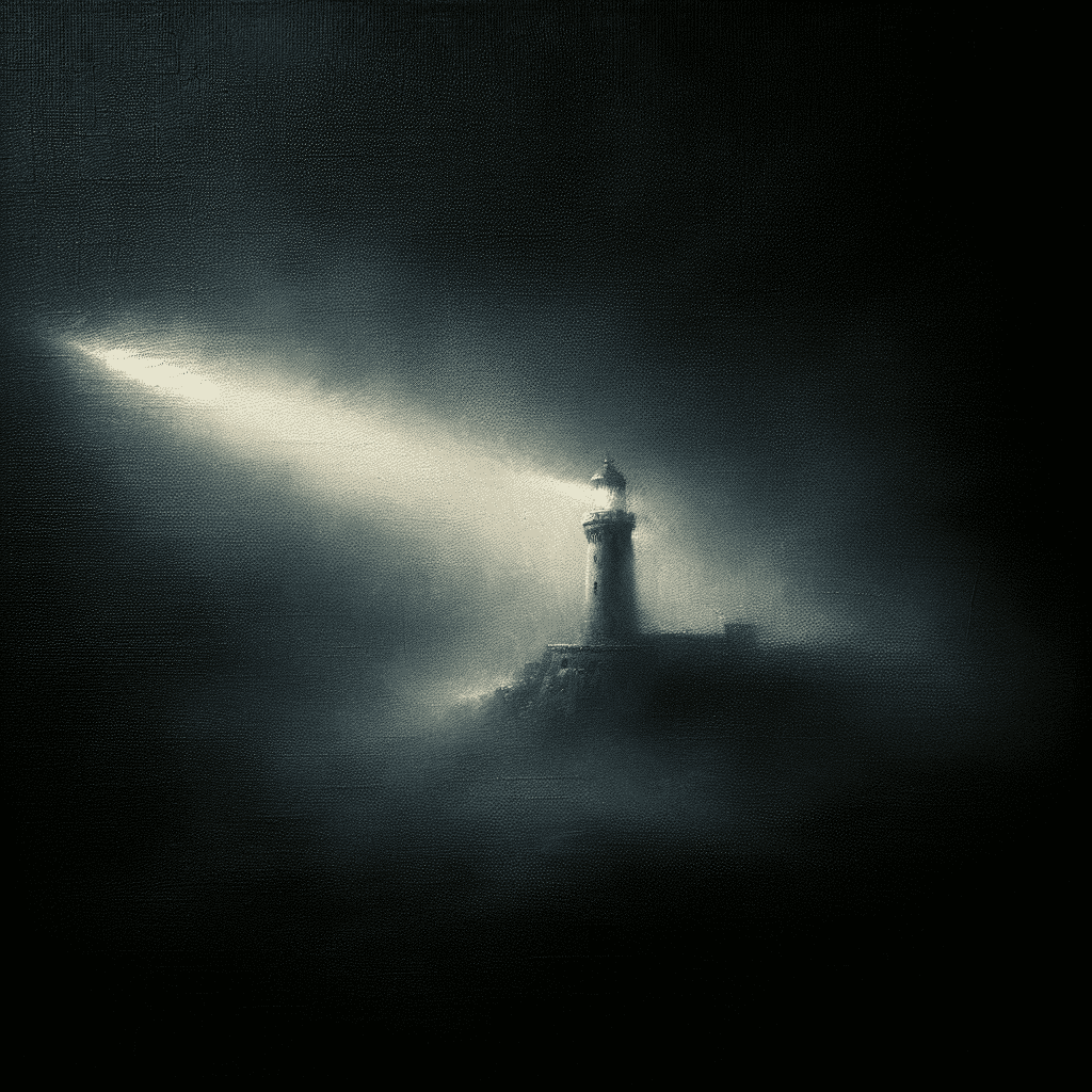 A beam of light emanates from a lighthouse standing amidst a foggy, dark atmosphere.