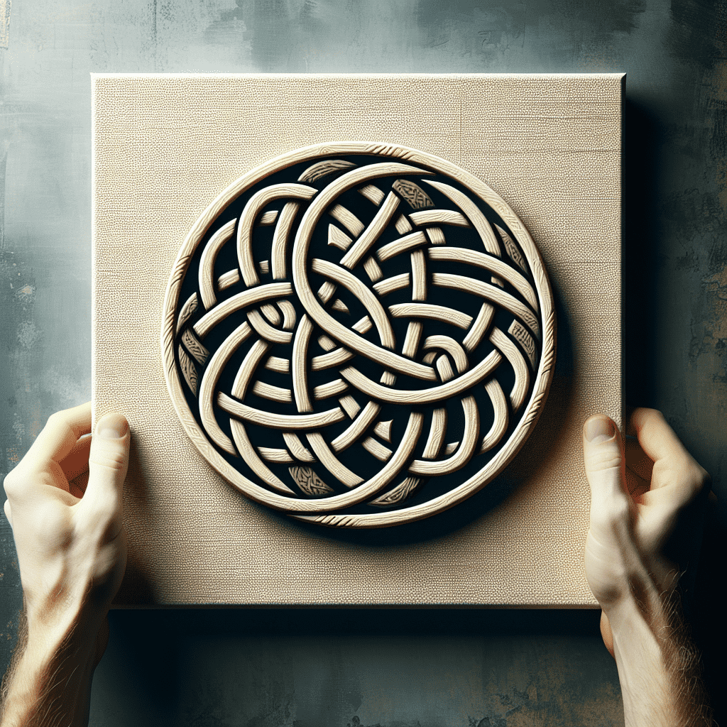 Alt text: A pair of hands holding a canvas featuring a carved wooden Celtic knot design.