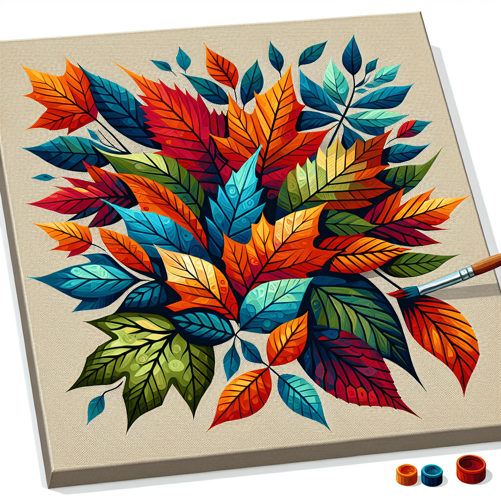 Alt text: A vibrant digital artwork of a bouquet of stylized autumn leaves in various shades of red, orange, yellow, blue, and green, displayed on a canvas with a paintbrush and paint pots at the bottom right corner.