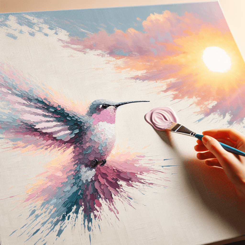 Alt text: A hand holding a paintbrush adds a dab of pink paint to a vibrant painting of a hummingbird in mid-flight, with a soft focus, warm-toned sunset in the background.