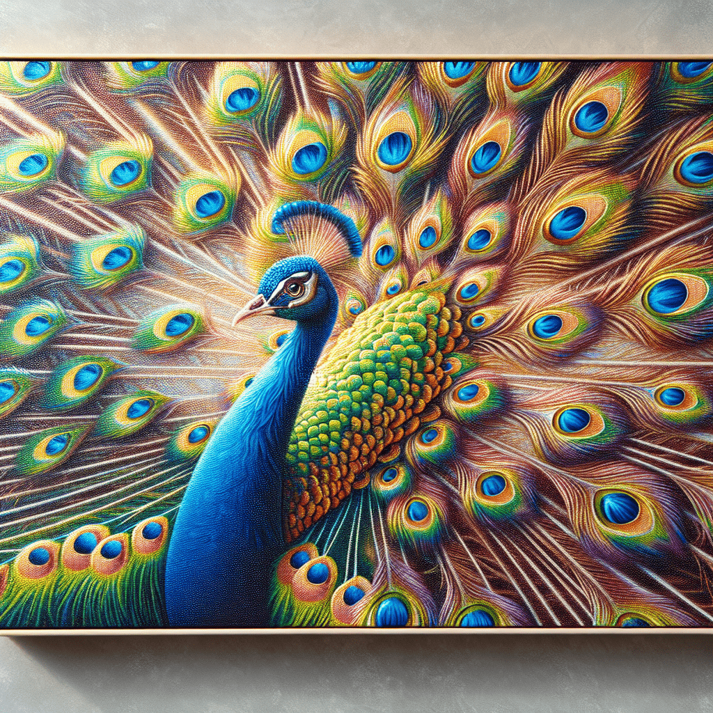 A vibrant painting of a peacock with its feathers fully displayed, showcasing a rich array of colors and intricate patterns.