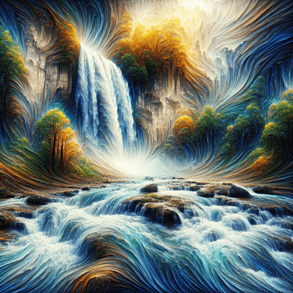 An artistic rendition of a majestic waterfall with vibrant trees and rock formations creating a dreamlike landscape. The water flows dynamically into a serene river in the foreground, with sunlight filtering through the mist.