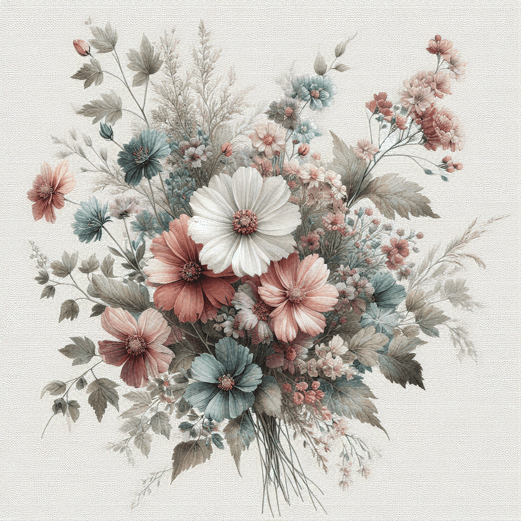 A vintage-style illustration of a bouquet with a variety of flowers including large blooms in white, red, and blue shades, surrounded by smaller flowers and foliage on a textured background.