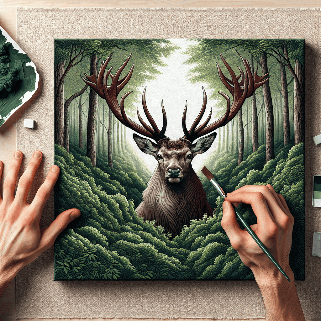 A person is painting a surreal image of a stag with multiple sets of antlers on a canvas, with a lush green forest background.
