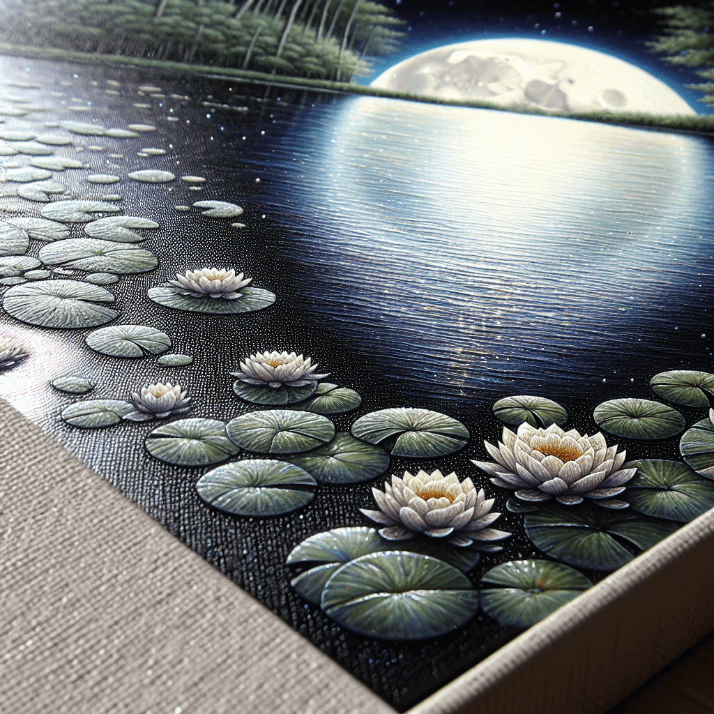 A close-up photo of a painting depicting a serene nighttime pond scene with water lilies, reflected moonlight on water, and a luminous full moon in the background.