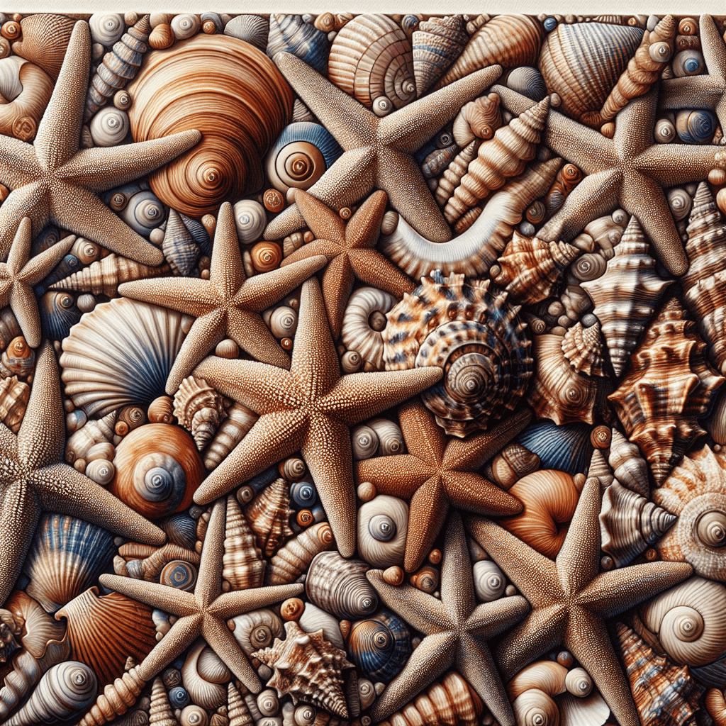 A close-up image of a collection of various seashells and starfish with intricate patterns and textures in natural, earthy tones.