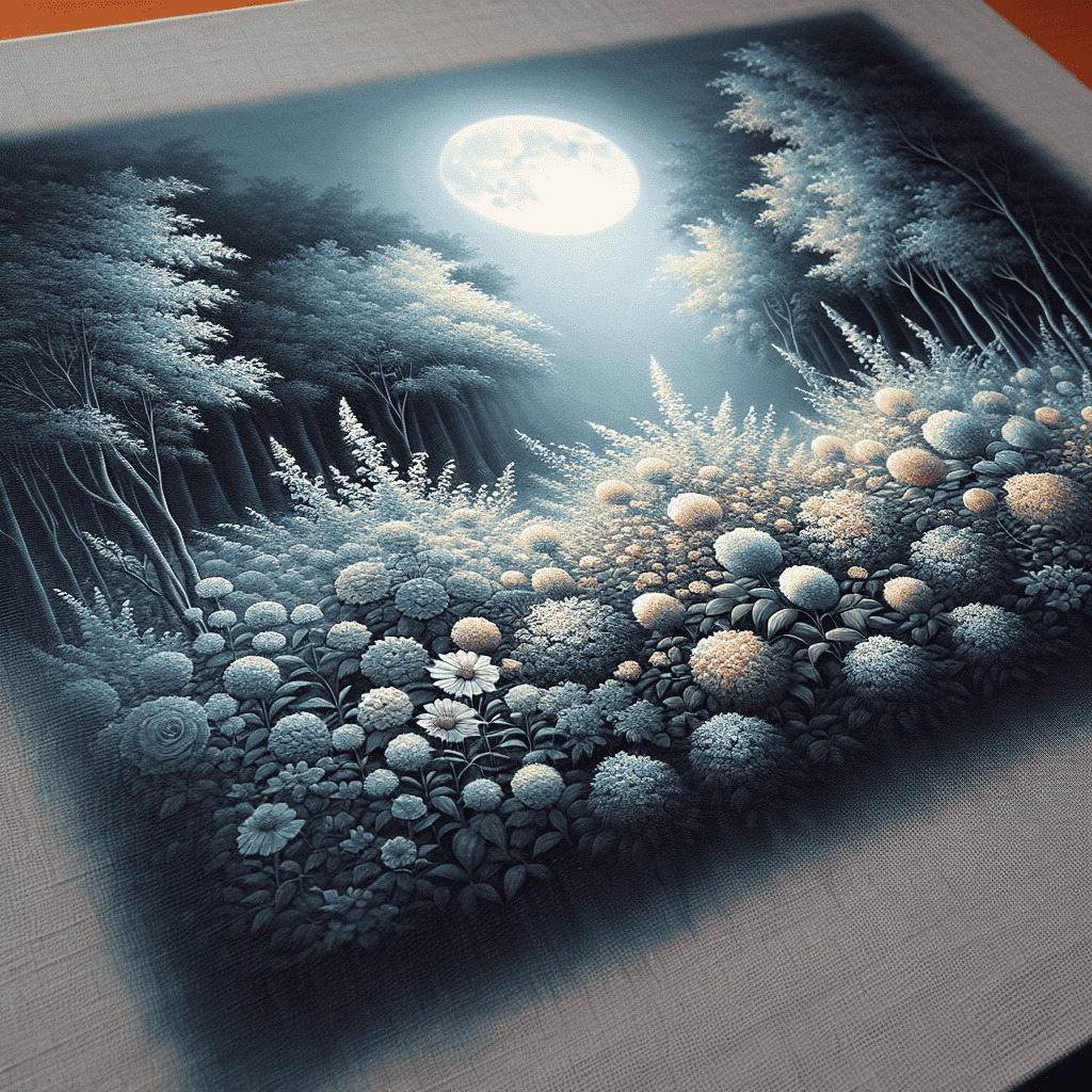 Digital artwork depicting a moonlit garden with a variety of flowers and trees under a bright full moon. The image has a blue tone, creating a serene night-time atmosphere.