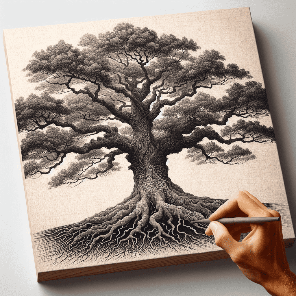 "An intricately detailed drawing of a tree with swirling patterns on canvas, a hand with a pencil adding final touches to the artwork."
