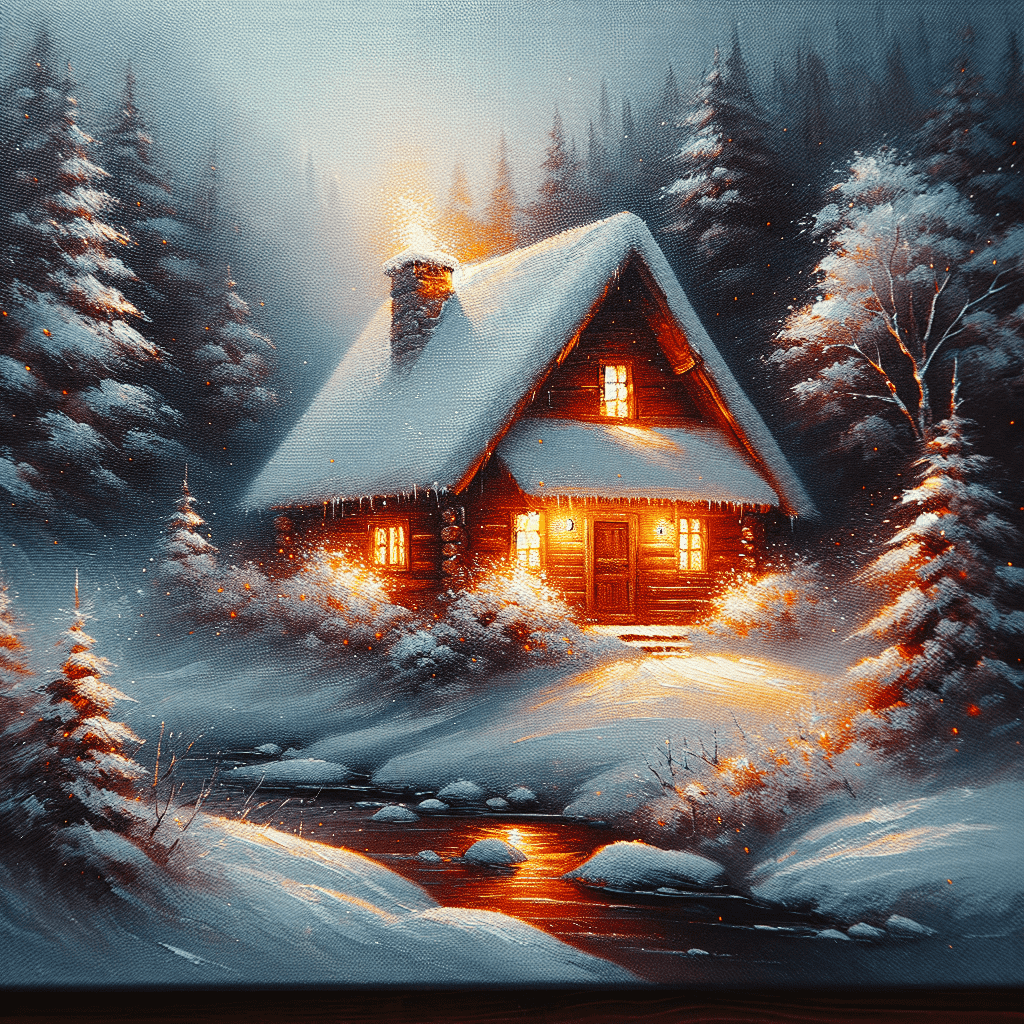 A cozy, illuminated cabin in a snowy winter landscape with trees and a small creek at dusk.