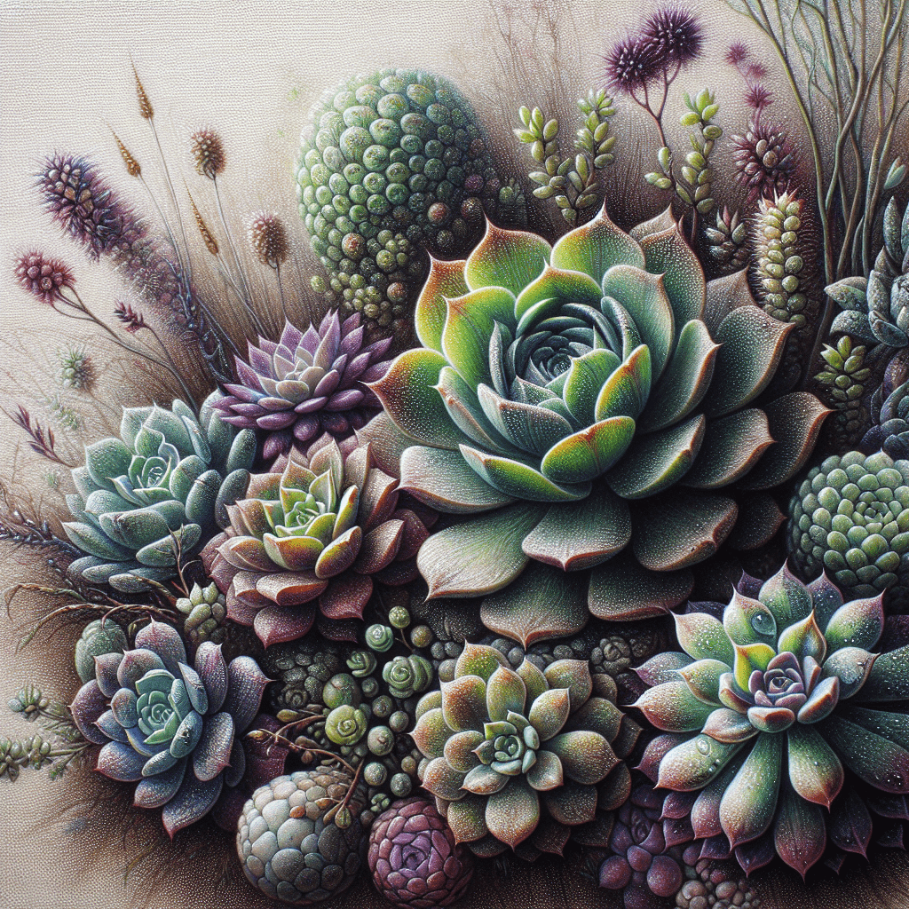 An intricately detailed painting of various succulent plants with a rich variety of shapes, sizes, and colors, arranged tightly together giving a lush, textured appearance.