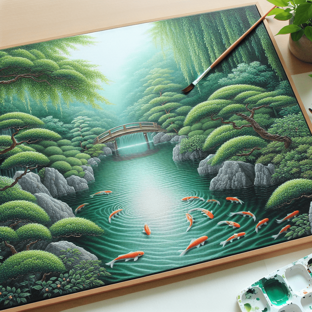 Alt text: An intricately detailed painting depicting a serene koi pond with vibrant fish, surrounded by lush, greenery-covered rocks, graceful willow trees, and a wooden bridge across the water. A paintbrush rests atop the canvas, suggesting the artwork is in progress or has just been completed. A palette with remnants of paint sits beside the artwork.