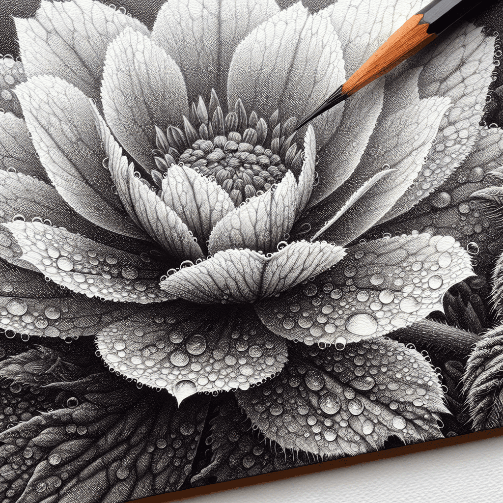 Black and white hyper-realistic drawing of a flower with water droplets on its petals, with a pencil touching one of the petals.