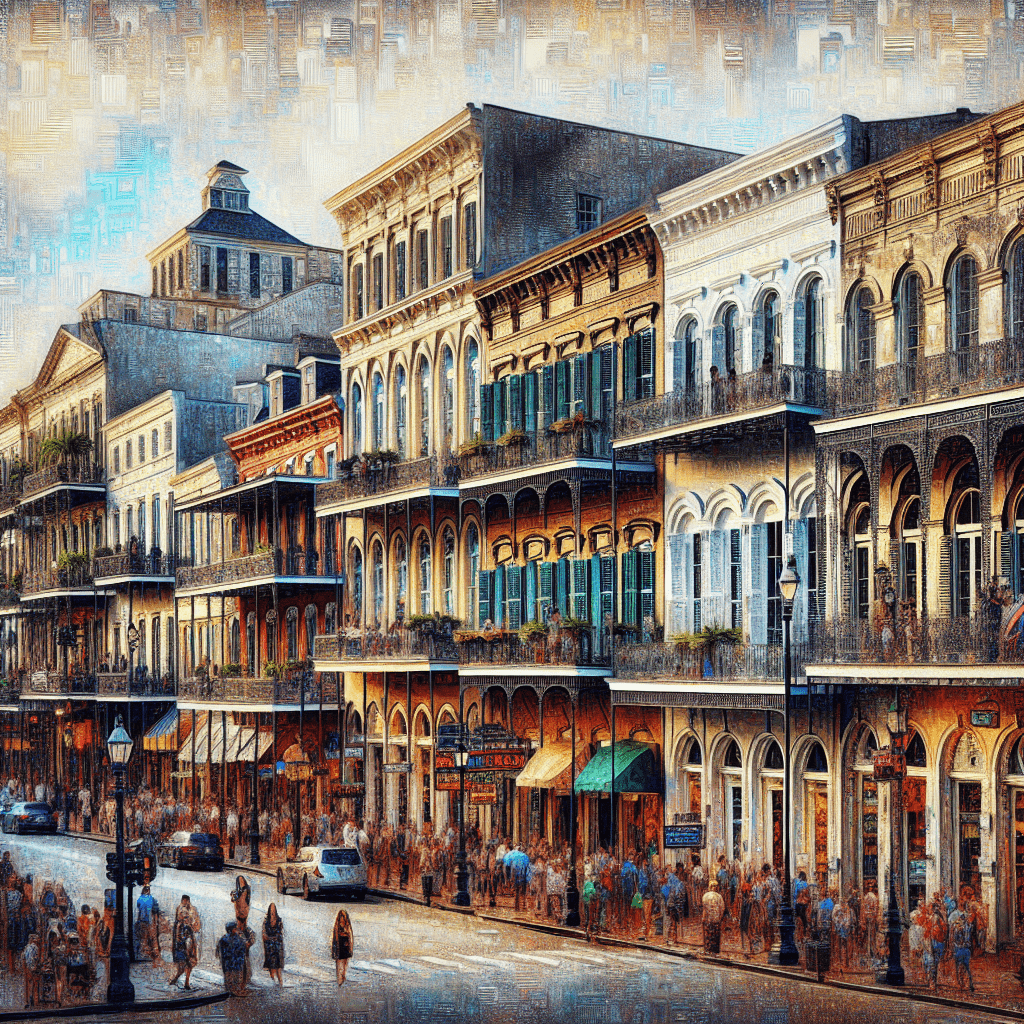 A vibrant street scene with historical buildings featuring wrought-iron balconies, bustling with crowds of people, conveying the charming atmosphere of a lively downtown area.