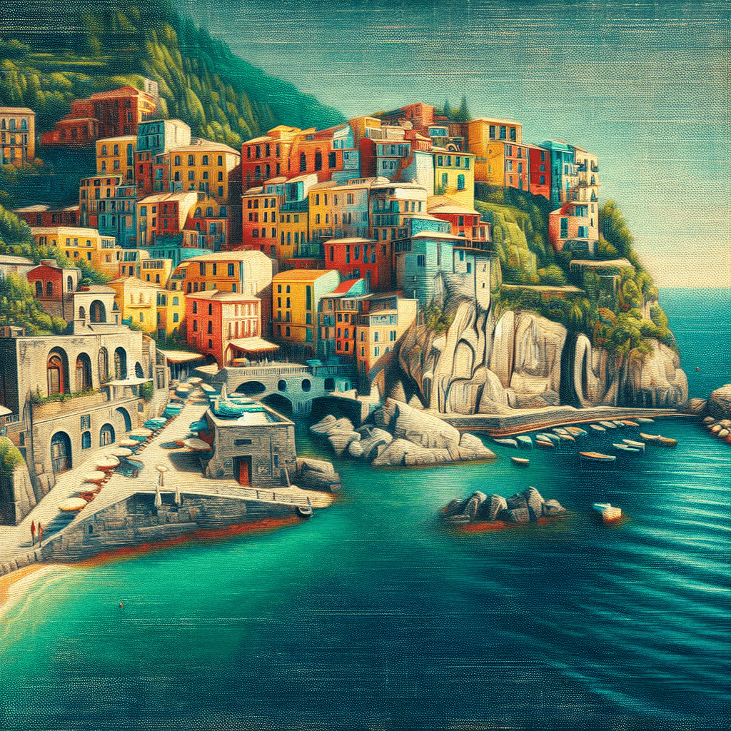 A picturesque coastal village with colorful houses nestled on a hillside above a blue sea, with boats and a small beach visible.