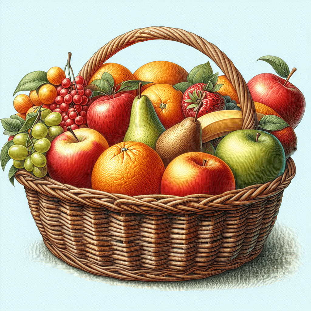 A vibrant illustration of a wicker basket filled with assorted ripe fruits including apples, oranges, grapes, strawberries, a banana, and pears on a light background.