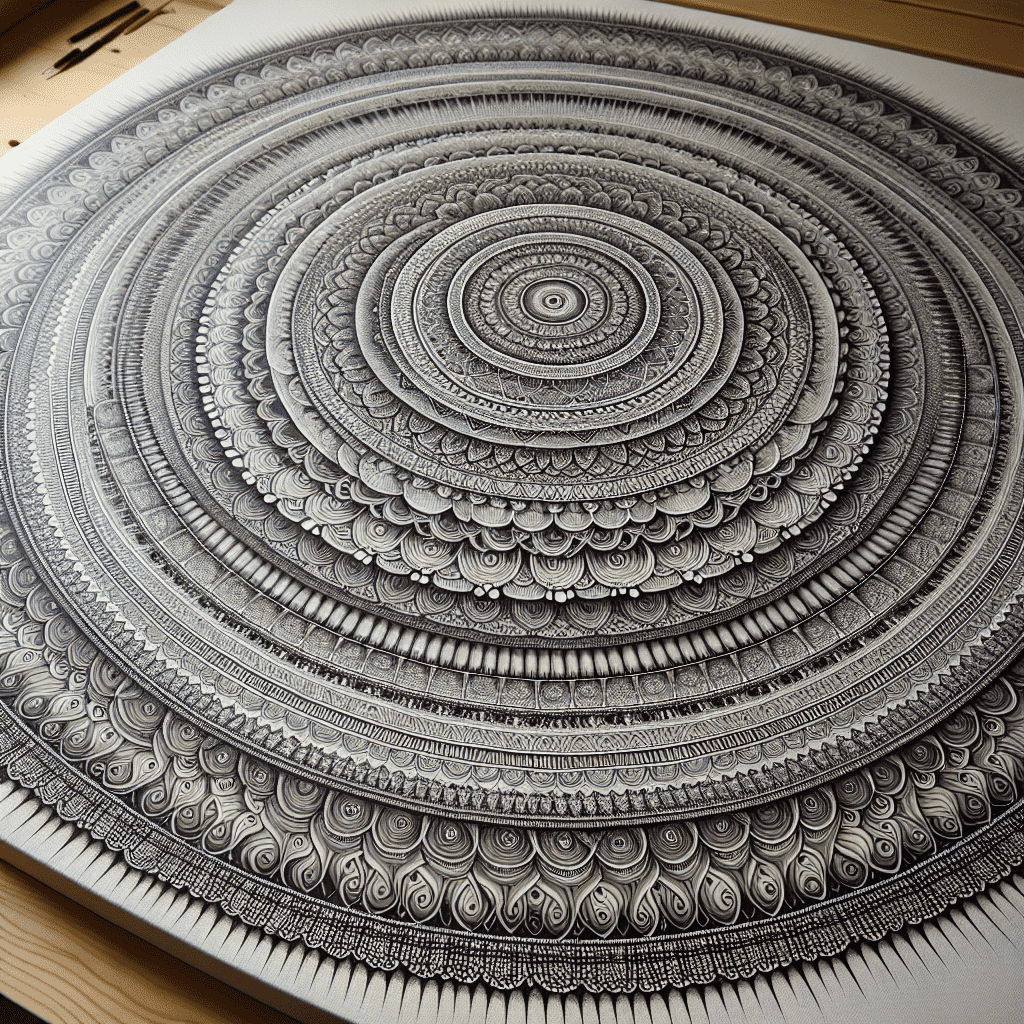 A detailed mandala-like drawing with multiple concentric patterns, displayed on a flat surface with drawing pens nearby.