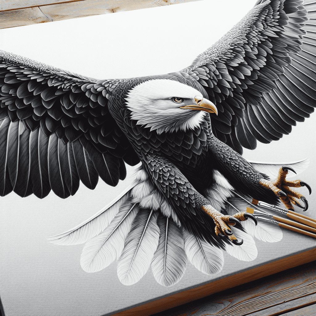 A highly detailed black and white illustration of a bald eagle in mid-flight with its wings spread wide, displayed on a canvas resting on a wooden easel.