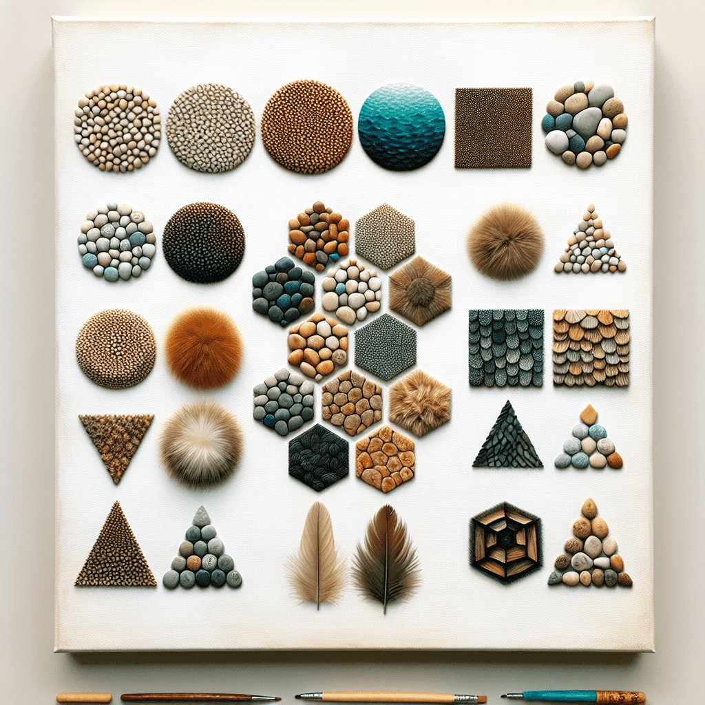 A wall art featuring an assortment of tactile elements arranged in geometric and organic shapes on a white canvas, including stones, fur, and feathers, with art brushes placed at the bottom.