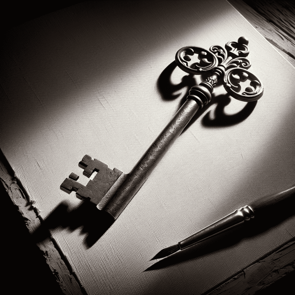 An antique key and a calligraphy pen resting on a blank page, illuminated by dramatic lighting.