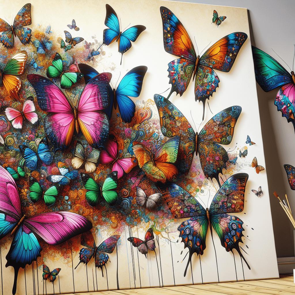 A vibrant 3D artwork of variously colored butterflies emerging from a canvas on a wall, giving the illusion they are flying into the room.