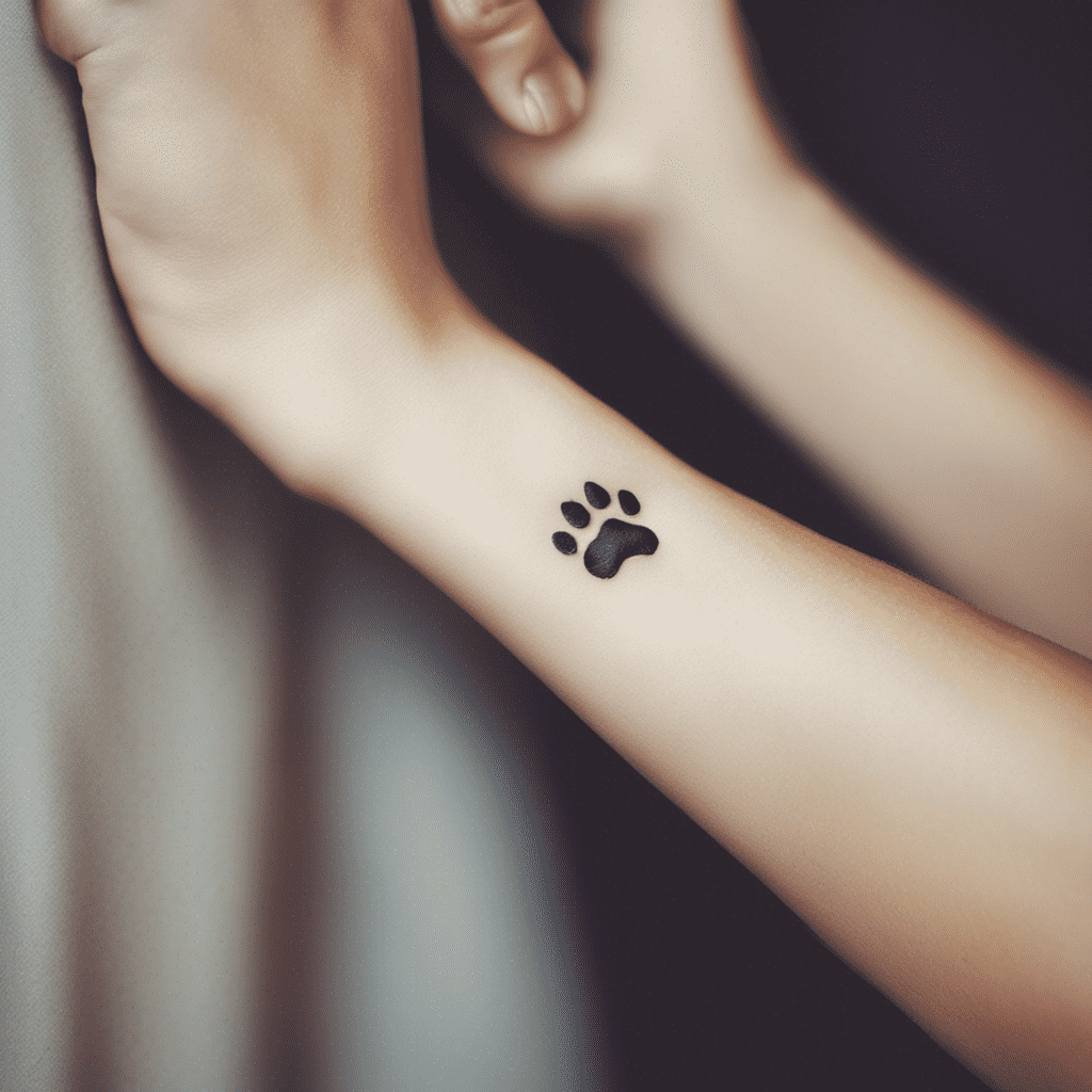 A person's wrist with a small black paw print tattoo.