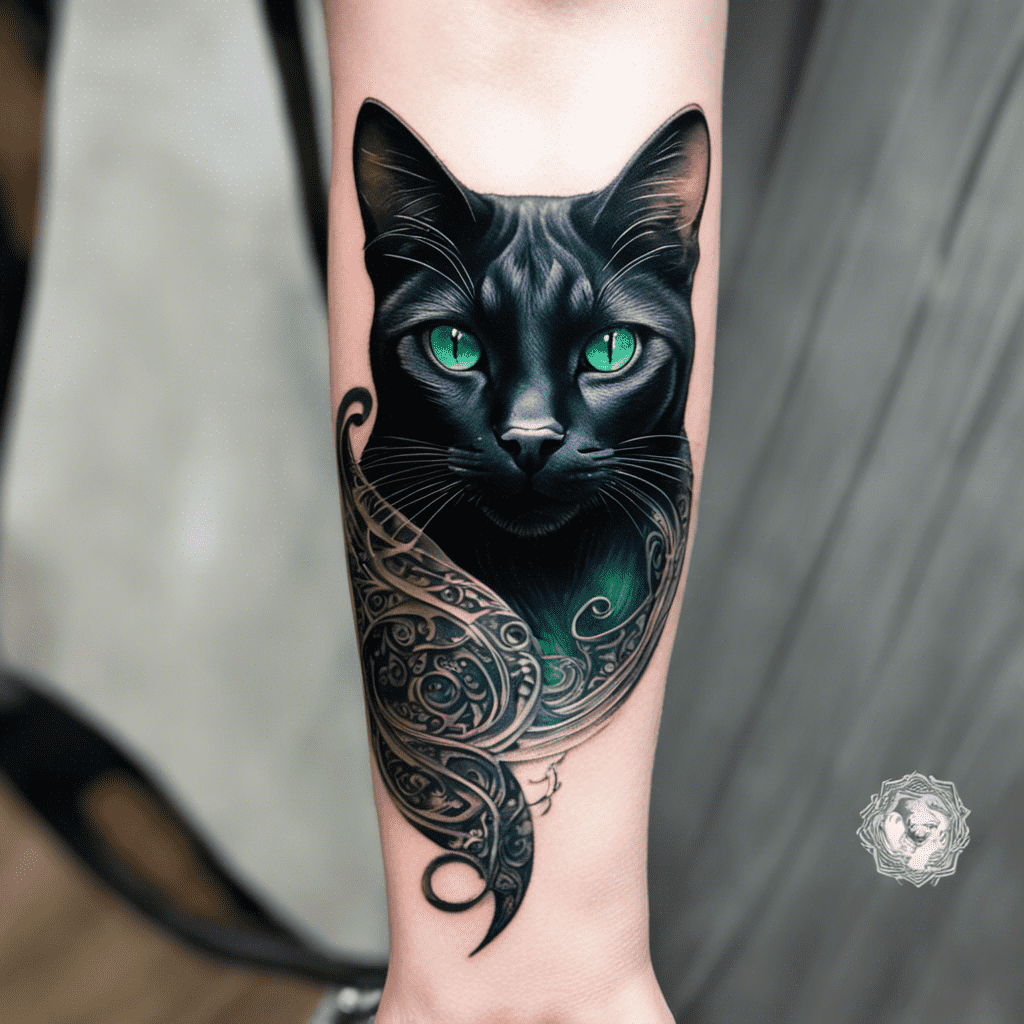A detailed tattoo of a black cat with striking green eyes and ornate tribal patterns on its body, inked on someone's forearm.