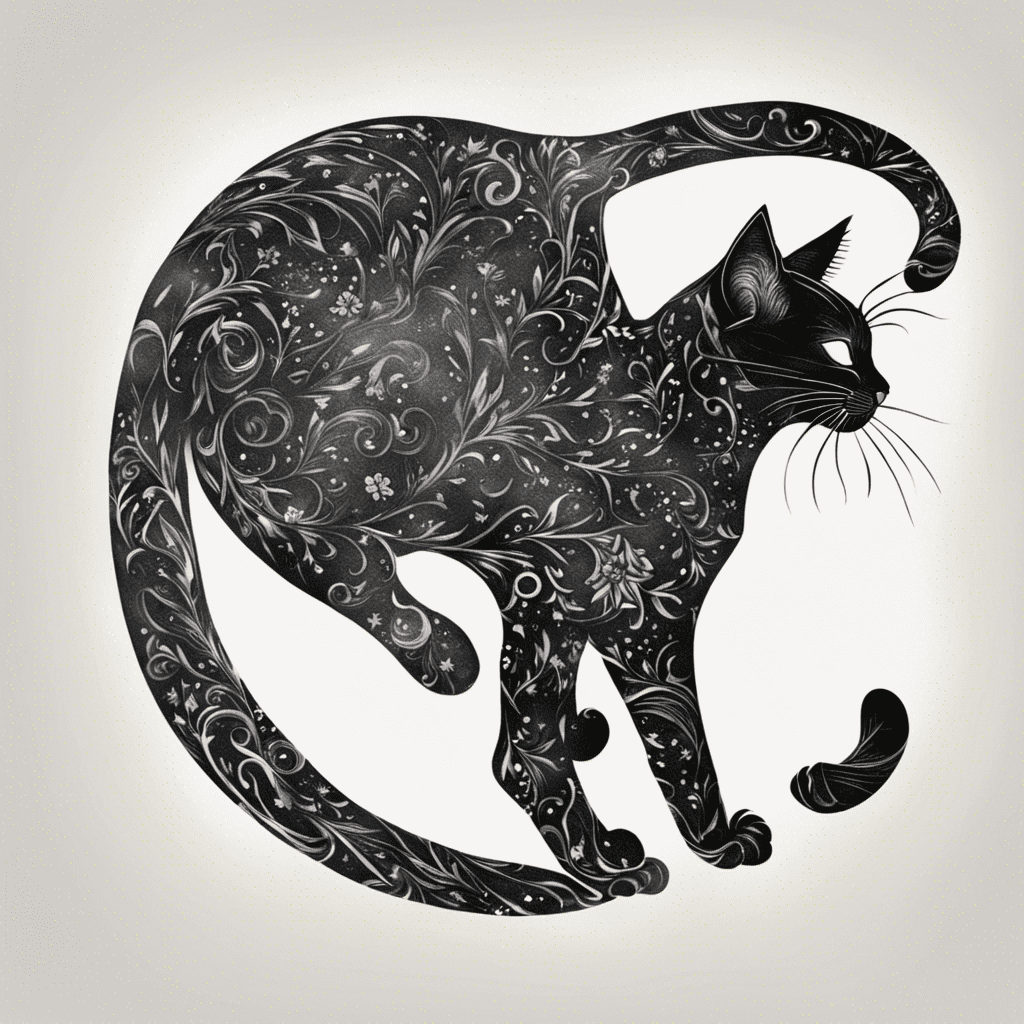 An artistic black and white illustration of a cat with intricate floral patterns and designs covering its body.