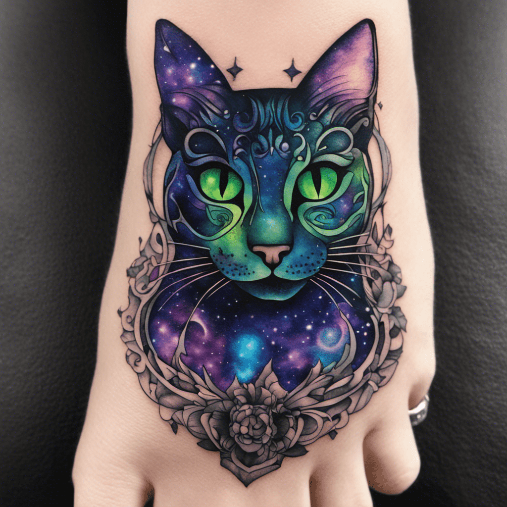 A colorful tattoo of a cosmic-themed cat with green eyes, surrounded by a floral mandala design, on a person's hand against a black background.