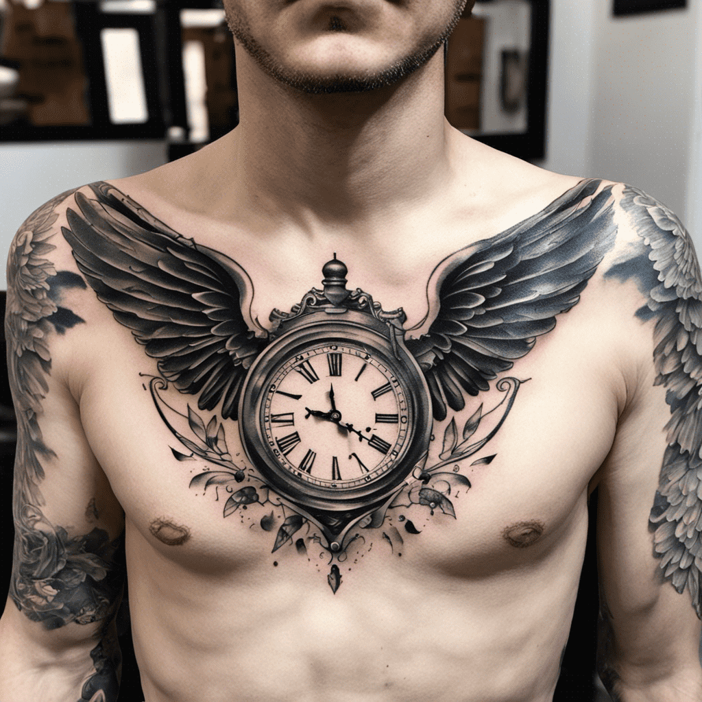 A person with a large, detailed chest tattoo depicting wings and a clock.