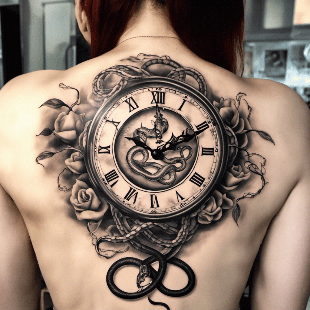 A detailed black and grey tattoo covering a person's back, featuring a large clock with Roman numerals, surrounded by roses, with a snake intertwined around the clock's hands.