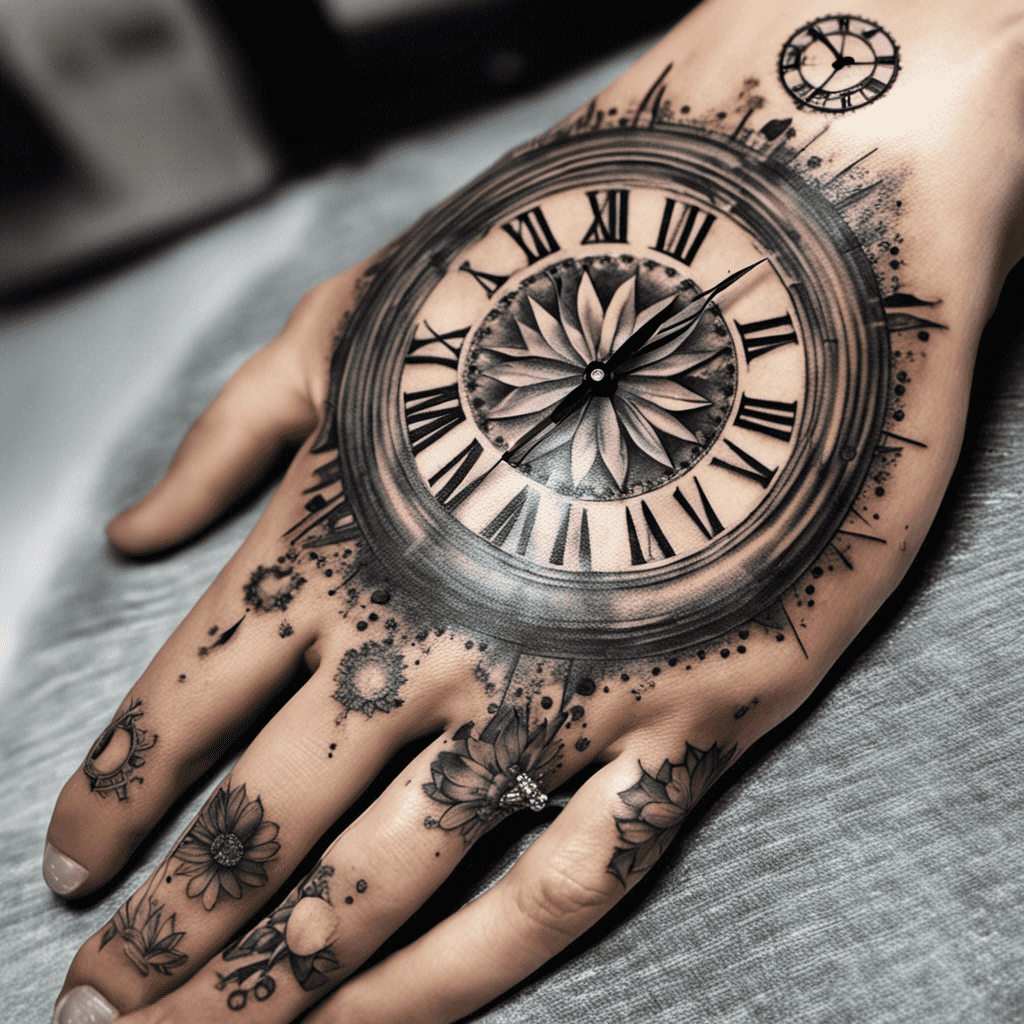 A black and grey detailed tattoo of a compass and clock combination on the back of a hand, with additional floral and gear designs extending onto the fingers.