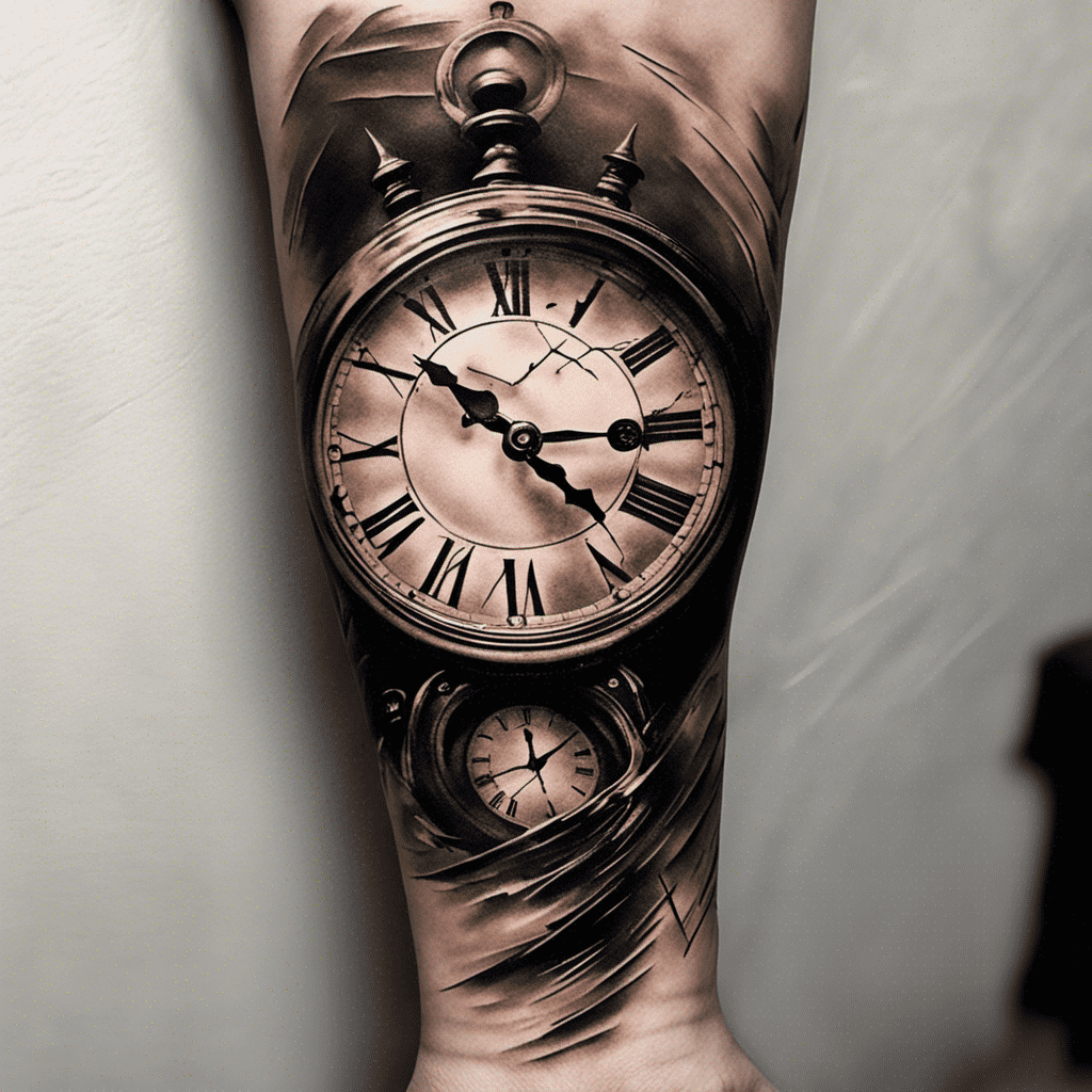 Alt text: A detailed, realistic tattoo of two overlapping pocket watches with visible time indicators on someone's arm, showcasing intricate shading and depth.