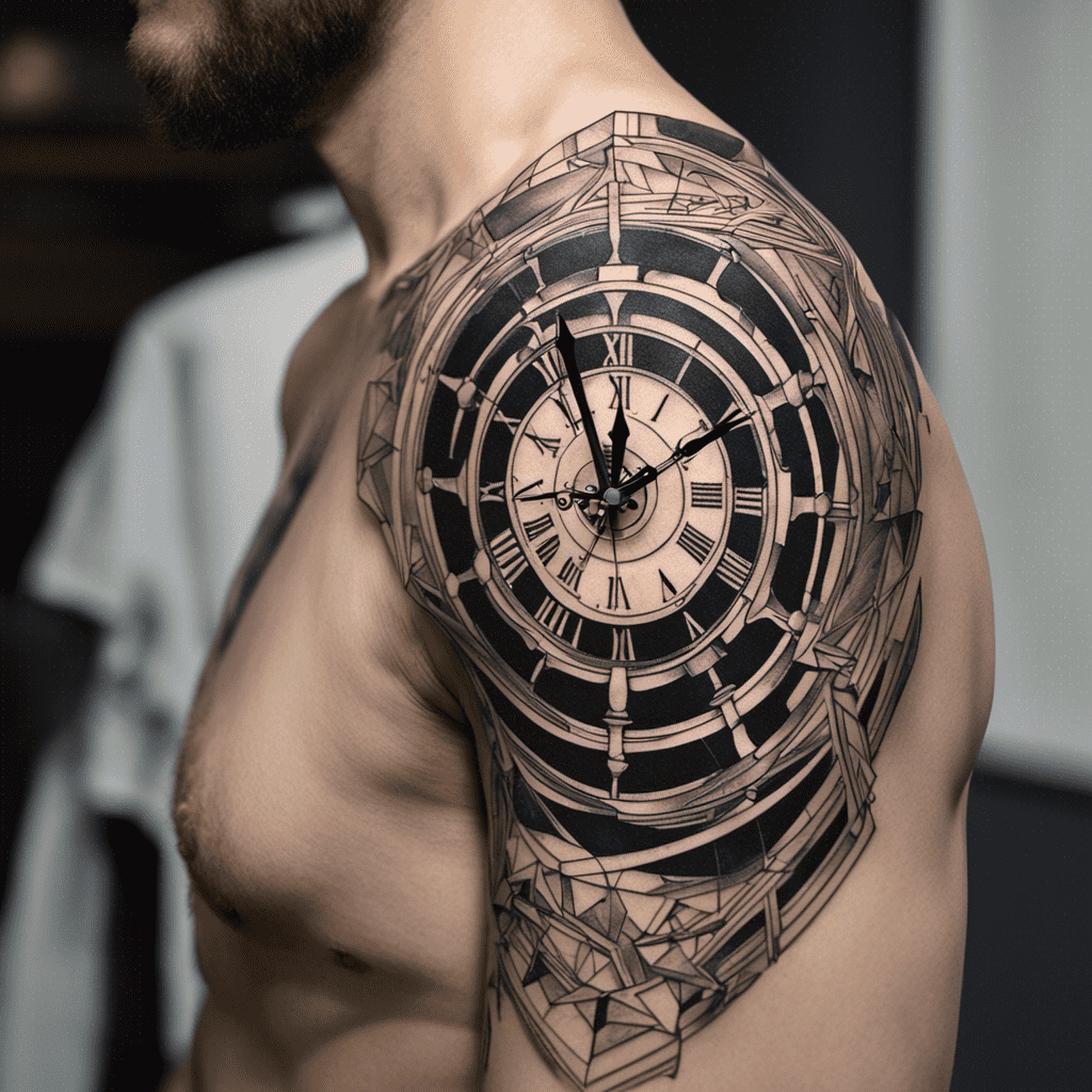 A detailed black and grey tattoo of a clock with Roman numerals on a person's upper arm.