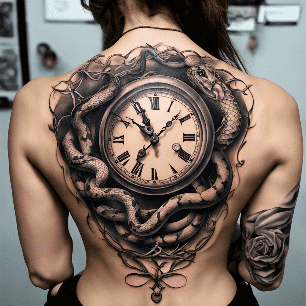 Alt text: A detailed black and gray tattoo of a large pocket watch entwined with a snake and roses on a person's back.