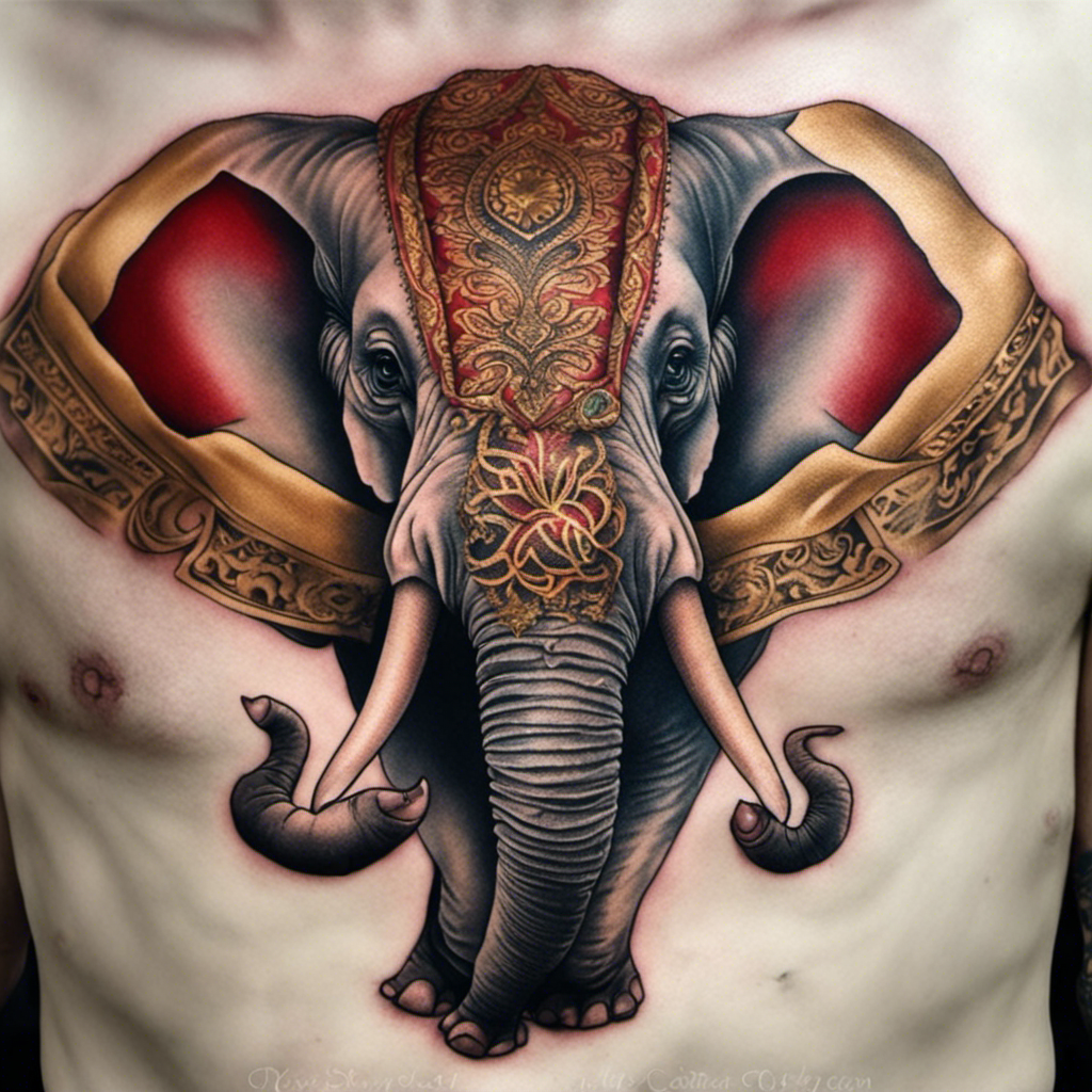 Alt text: An intricately detailed tattoo of an elephant with decorative headgear and cloth, inked on a person's back.