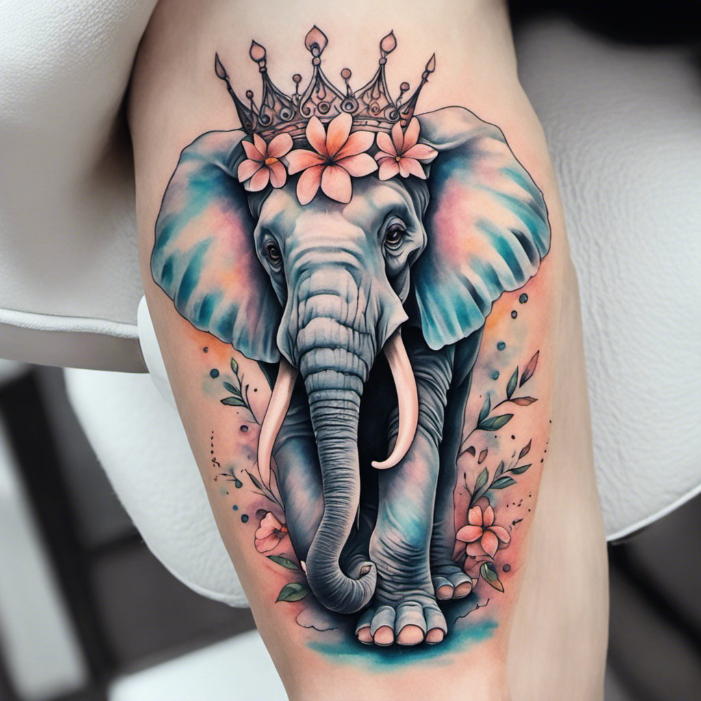 A color tattoo of an elephant with a crown and flowers on its head, inked on a person's thigh.