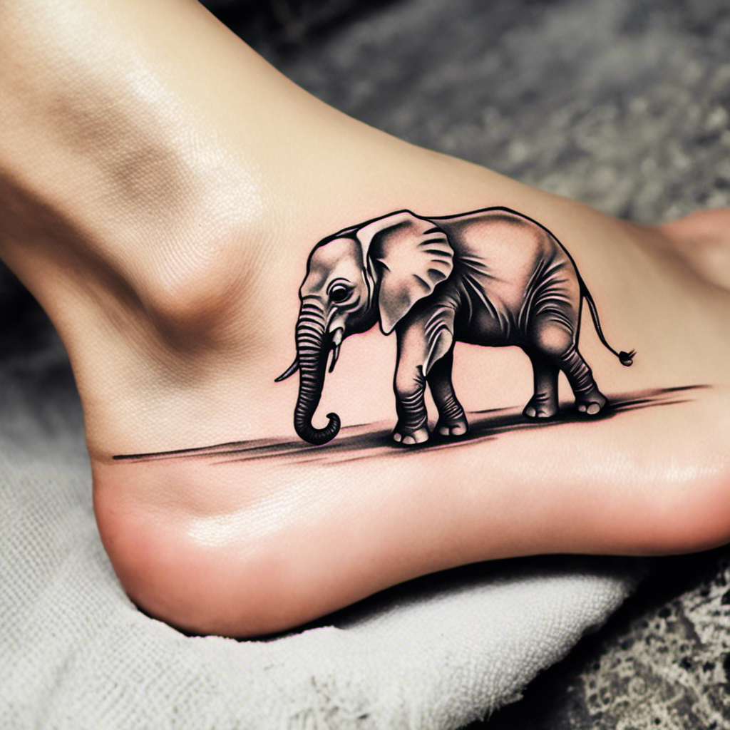 "Realistic tattoo of an elephant on a person's foot, giving the illusion that the elephant is standing on the foot's arch."