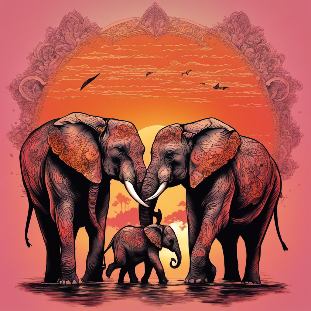 "Two ornately decorated adult elephants with their trunks intertwined, standing protectively around a smaller elephant, against a backdrop of a large, radiant sun setting in a vibrant orange sky, adorned with elaborate designs and silhouettes of birds in flight."