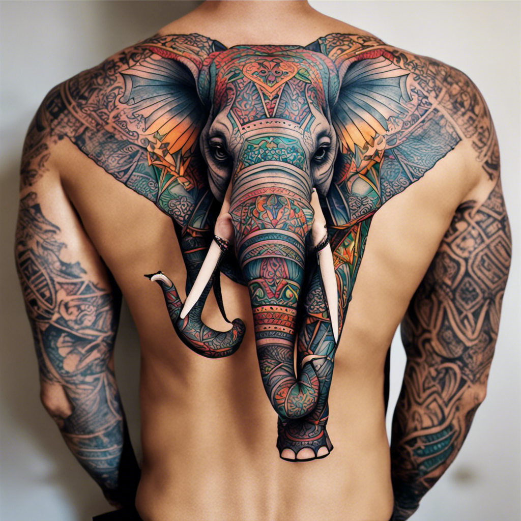A detailed and colorful tattoo of an elephant covers the back of a person, with intricate patterns extending over the shoulders and arms.
