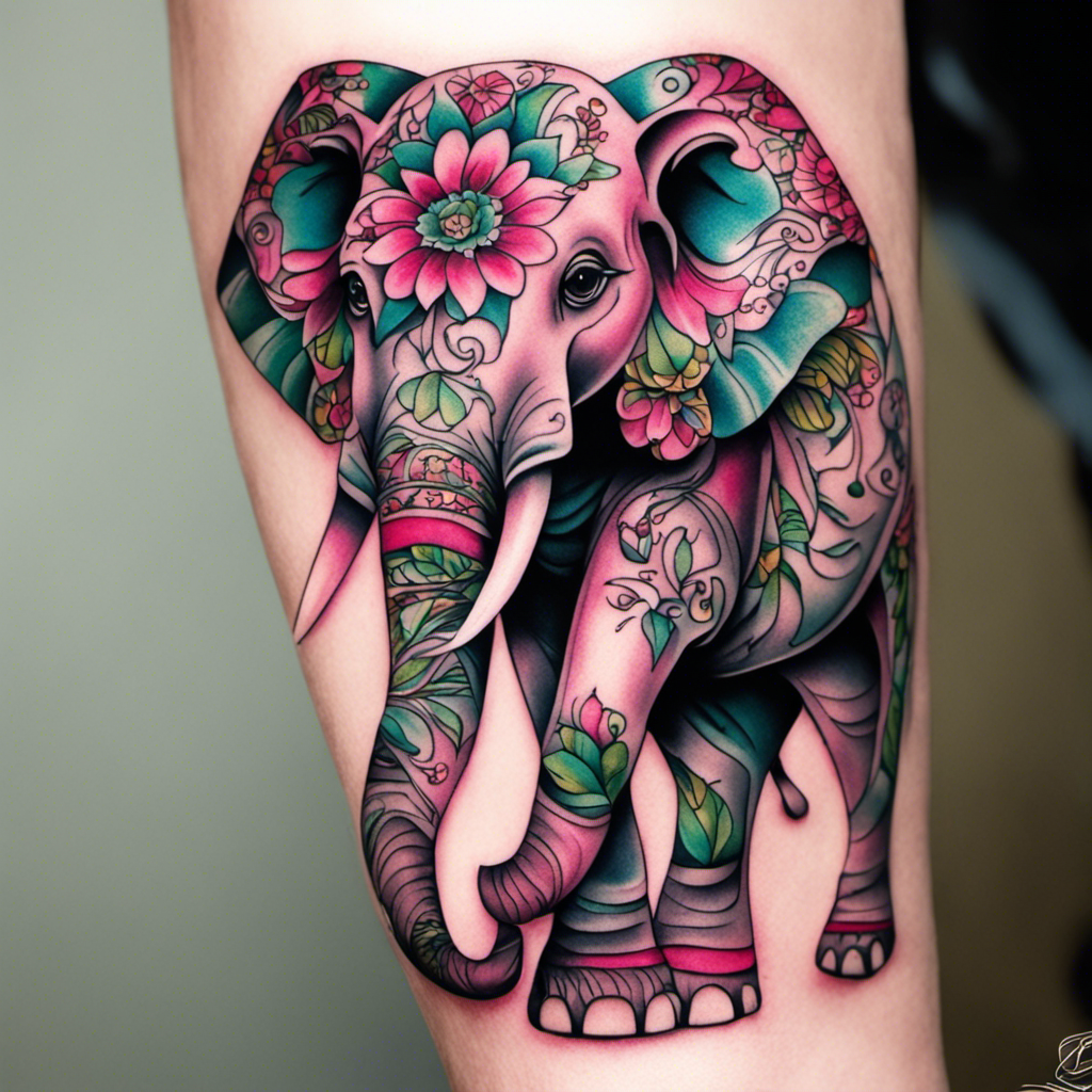 A colorful tattoo of an elephant covered in floral designs inked on a person's arm.