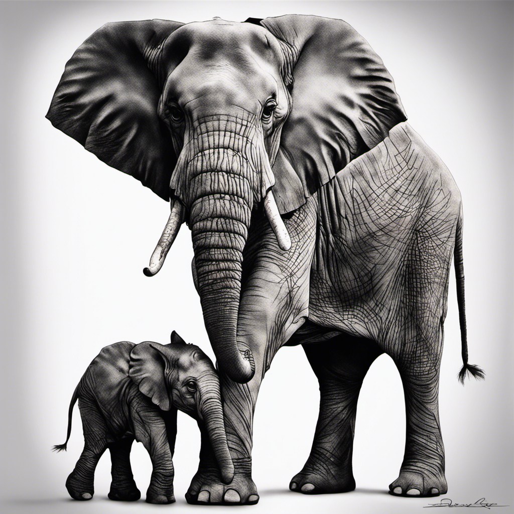 A monochrome illustration of an adult elephant with its small calf standing close by, both facing the viewer.