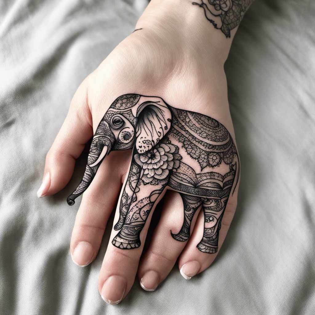 An intricately designed tattoo of an elephant covers the top of a person's hand, with detailed patterns and flowers extending along the fingers and wrist.