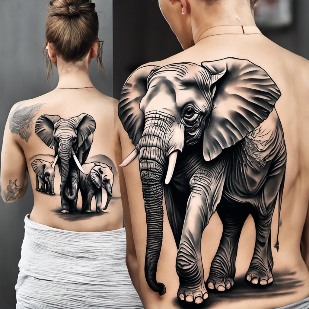 A split-image showing the back of a person with a detailed black and grey tattoo of an elephant family on the left, and a closer view of the tattoo with enhanced shading and highlighting on the right.