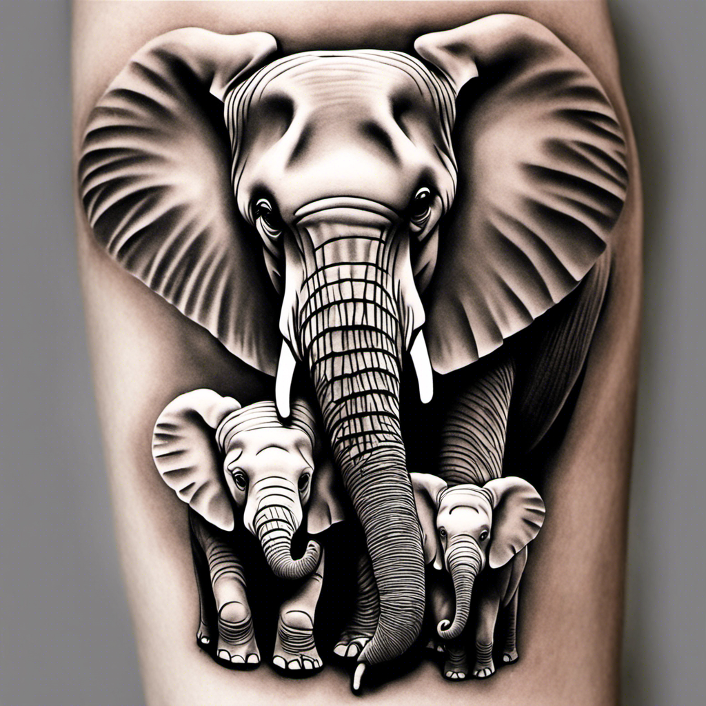 Alt text: A highly detailed black and white tattoo of an elephant with two tusks on a person's thigh, flanked by smaller elephants on both sides.