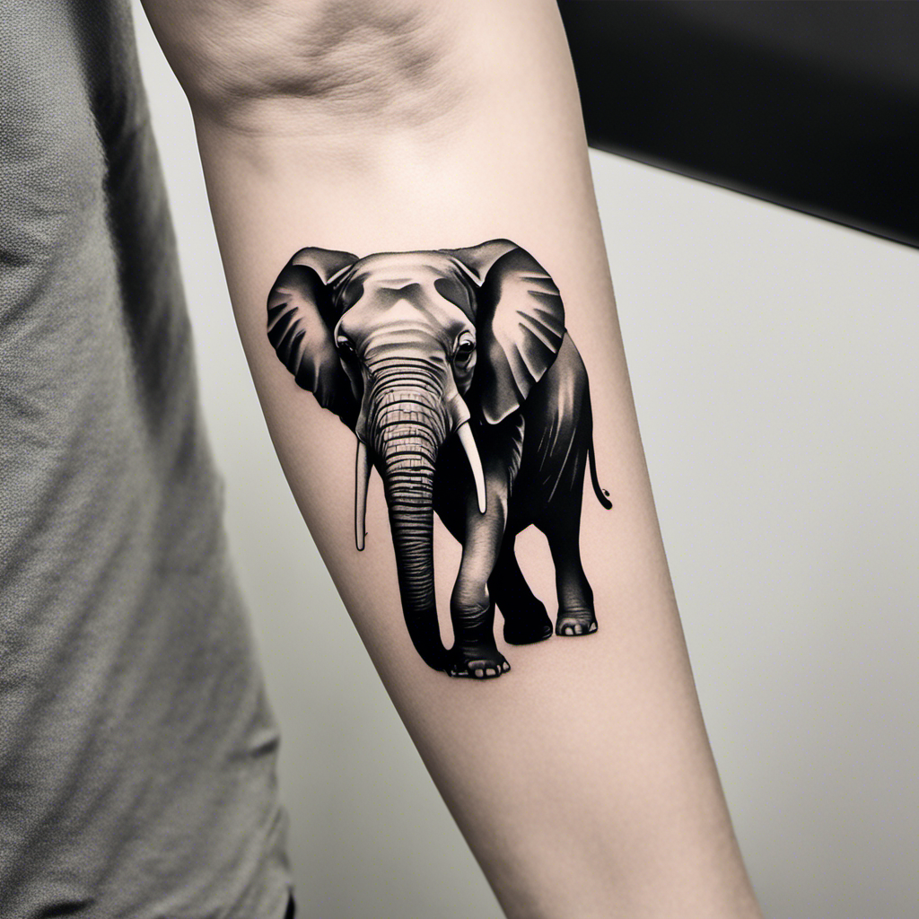 An intricately detailed black and white tattoo of an elephant on a person's forearm.