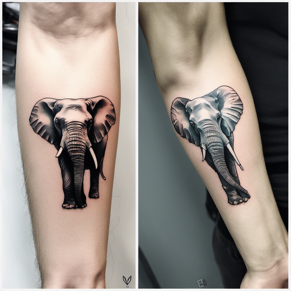 A realistic elephant tattoo depicted on a person's forearm, shown from two different angles.