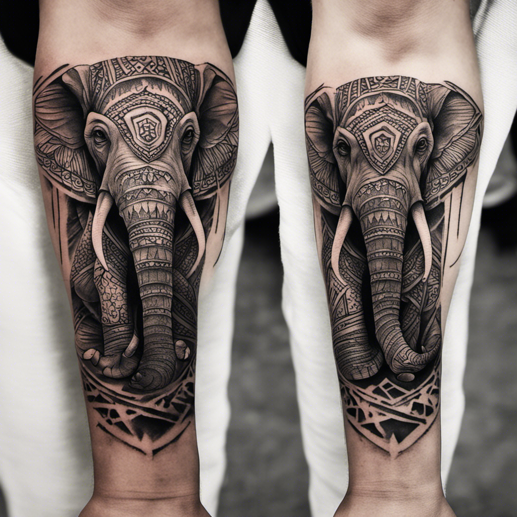 A black and white photo of a pair of highly detailed elephant tattoos, one on each forearm, featuring intricate patterns and designs within the elephant figures.
