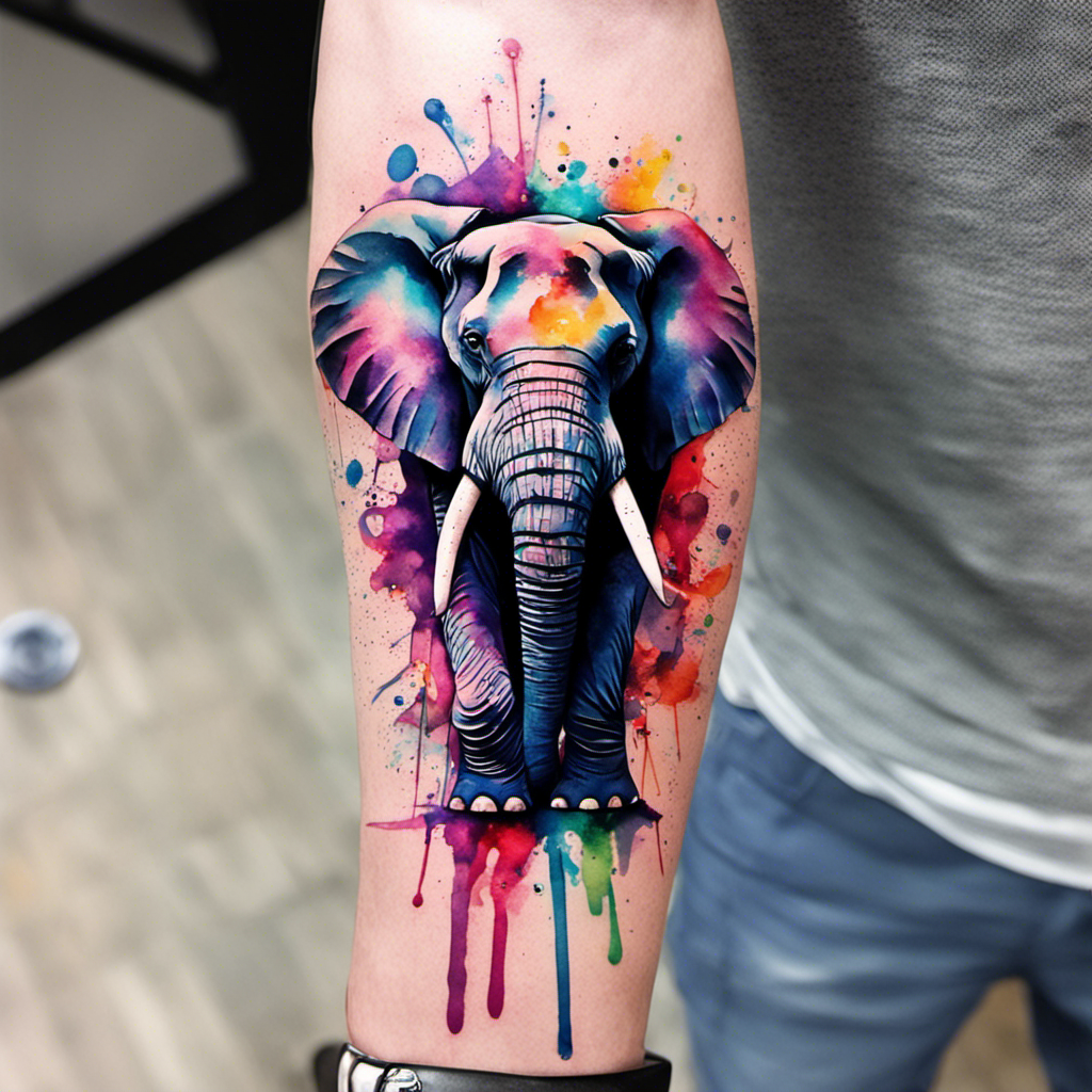 Alt text: A colorful watercolor-style elephant tattoo on a person's calf featuring vibrant splashes of color throughout.