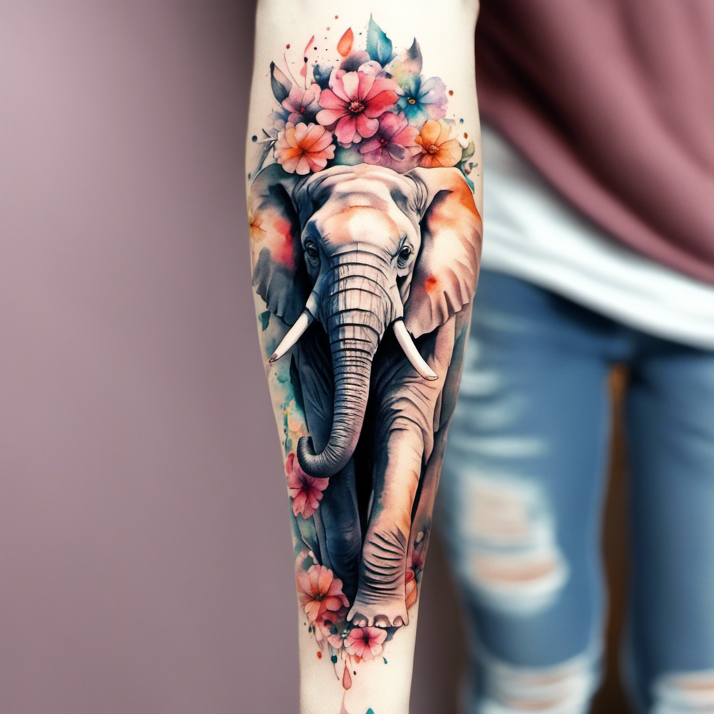 Alt text: A colorful tattoo of an elephant surrounded by flowers on a person's forearm.